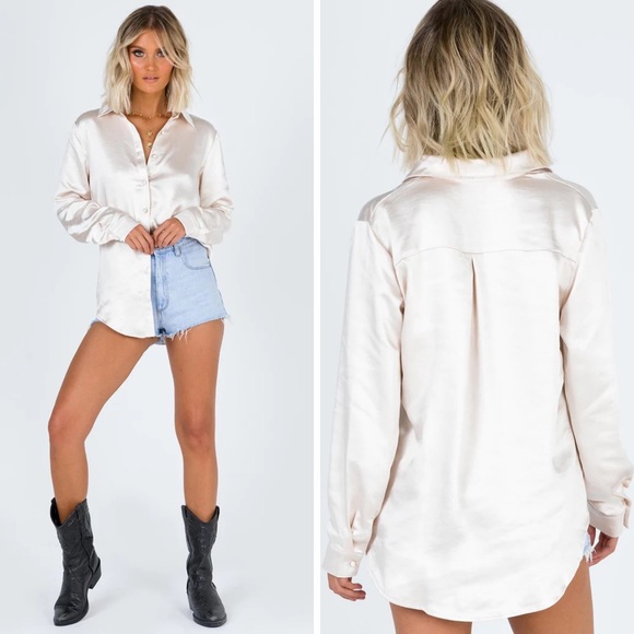 New Princess Polly Vintage vibes satin shirt in Champagne Size 0 - Picture 4 of 9